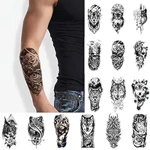 Glaryyears Animal Temporary Tattoos For Men Women Adults, 15-Pack Variety Design Large Fake Tattoo, Long-Lasting Realistic Tattoos For Body Arm Leg Shoulder, Wolf Skull Eagle Eye Flower