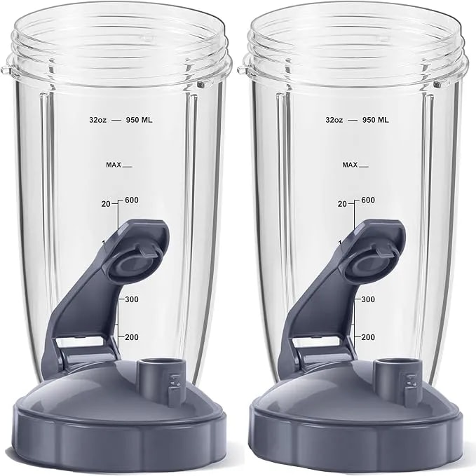 Meet Juice 2-Pack 32oz Replacement Cups With Flip-Top To-Go Lids & Gaskets (4-Inch Diameter) ;Compatible With Nutribullet 600w/900w Series;Not For Magic Bullet,Lean, Rx