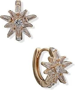 Anne Klein Crystal And Gold Snap Post Hoop Earring Featuring Starburts Design