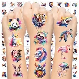 102 Pcs Individually Wrapped Watercolor Animals Temporary Tattoo - Animals Temporary For Girls Boys Body Arm Shoulder Tattoos Stickers, Rewards Prizes & Party Supplies Gifts