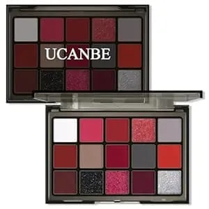 Ucanbe Red Eyeshadow Makeup Palette, 15 Colors Burgunry Gray Silver Shimmer Matte Glitter Metallic Eye Shadow Pallet, Pigmented Make Up Kit For Halloween Parties Christmas Joker Vampire Clown