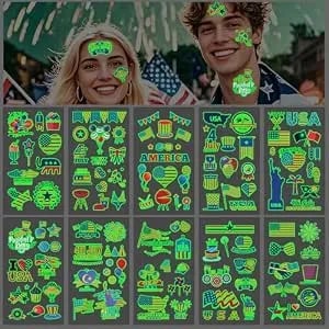 115pcs 4th Of July Tattoos - Glow In The Dark Temporary Tattoo Luminous Fake Temp Stickers Usa American Flag Patriotic Face Tattoos Independence Memorial Labor Decorations Accessories Party Supplies