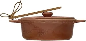 Creative Co-Op Stoneware Brie Baker With Bamboo Spreader Set In Reactive Glaze, Pink And Natural