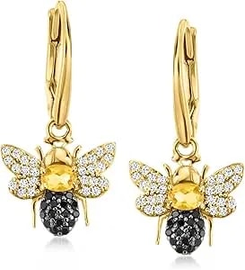 Ross-Simons 0.30 Ct. T.W. Citrine And .30 Ct. T.W. White Topaz Bumblebee Drop Earrings With .20 Ct. T.W. Black Spinels In 18kt Gold Over Sterling