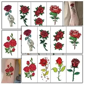 Rose Flower Temporary Tattoos, Small Tiny Fake Rose Tattoo Stickers, 16 Sheets For Women Girls Adults Makeup On Body Face Hand Finger Arm Neck Wrist, Sexy Party Supplies
