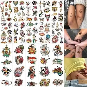 96pcs American Traditional Temporary Tattoos Adults Retro Fake Tattoos - Funny Old School Vintage Pirate Temp Tattoos For Men Women, Realistic Classic Wedding Party Decorations (20 Sheets)