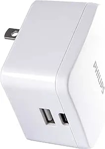 Philips Iphone Usb Wall Charger Block, 22.5w Charging Block With Usb C And Usb A For Iphone 16, 15, 14 Series, Ipad, Power Adapter Cube, Foldable Plug Charging Box, White, dlp2507pts1/27