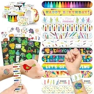 96 Pcs Crayon Party Favors Set – 72 Pre-Cut Temporary Tattoos & 24 Slap Bracelets For Kids, Perfect For Art Birthday Parties, Classroom Rewards & Creative School Events