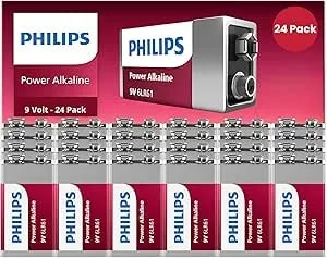 Philips 9 Volt Batteries - Power Alkaline 9V Battery 24 Pack, Long Lasting Power Up To 5 Years In Storage, 9v Batteries Leak Proof Design, All Purpose 9volt For Household & Office Needs.