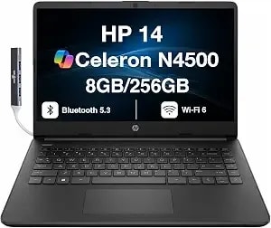 Hp 14 Student & Business Laptop 14.0" Hd Display (Intel Celeron n4500, 8gb ddr4, 256gb Pcie Ssd, Intel Uhd, Wifi 6, Webcam, Bluetooth 5.3, Jet Black, Win 11 Pro) W/Dkz Usb Port Expander