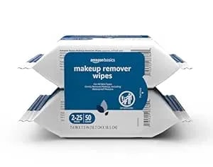 Amazon Basics Makeup Remover Wipes, Gentle Cleansing, Dermatologist Tested, Ph-Balanced, Plant Based, Alcohol-Free, Removes Waterproof Mascara, 25 Count, 2-Pack