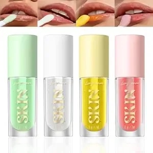 Petansy Plumping Lip Oil 4 Packs Hydrating Lip Glow Oil Fruit Extract Lip Gloss Moisturizing Lip Balm And Tinting For Dry Lips Moisturizing, Long-Lasting,Non-Sticking