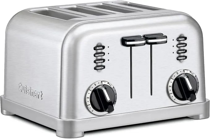 Cuisinart Toaster, Extra-Wide Slots, Stainless Steel, 4-Slice - Bagel, Pastry & Bread Toaster With Defrost/Reheat Functions, 6-Setting Browning Dials & A Slide-Out Crumb Tray, Cpt-180p1