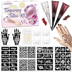 Temporary Tattoo Kit For Teens & Adults – 3 Tattoo Pastes (2 Brown+Cherry Red), 100pcs Reusable Stencils, Outline Pen, Long Lasting Waterproof Body Art, Diy Skin Painting For Festivals, Parties Makeup