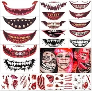 25sheets Big Mouth Tattoo Halloween - Scary Clown Face Temporary Tattoos, Realistic Face Stickers Multiple Sizes For Adults, Horror Prank Props Makeup Decals Cosplay Decor Party Zombie Vampire
