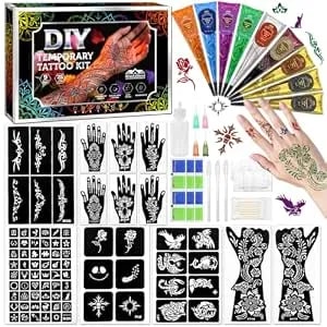 Temporary Tattoo Kit, 9 Tattoo Pastes In 7 Colors, 82 Reusable Designed Stencils, Tattoo Outline Pen, Mixing Bottle, Body Diy Art Painting For Women Men Teens Gifts Set For Party Wedding & Festival