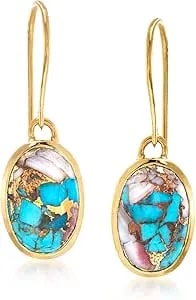 Ross-Simons Oval Kingman Turquoise Drop Earrings In 18kt Gold Over Sterling