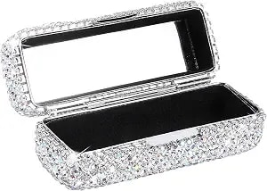 Calidaka Crystal Lipstick Case Holder Shiny Rhinestone Lipstick Organizer With Mirror 3.44x1.12x1.2inch Portable Bling Diamonds Lipstick Storage Holder Lip Gloss Makeup Storage Bag
