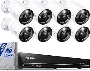 Reolink 12mp Security Camera System Commercial, 8pcs H.265 12mp Poe Security Cameras Outdoor, Person Vehicle Pet Detection, Spotlight Color Night Vision, 16ch Nvr 4tb Hdd, rlk16-1200b8-A
