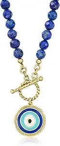 Ross-Simons 6mm Lapis Bead And Multicolored Enamel Evil Eye Toggle Necklace In 18kt Gold Over Sterling