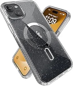 Speck Iphone 15 Plus Case - Clicklock No-Slip Interlock, Built For Magsafe, Drop Protection Grip - For Iphone 15 Plus, Iphone 14 Plus - 6.7 Inch Phone Case - Presidio Lux Grip Clear/Platinum Glitter