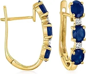 Ross-Simons 1.20 Ct. T.W. Sapphire And Diamond-Accented Hoop Earrings In 14kt Yellow Gold