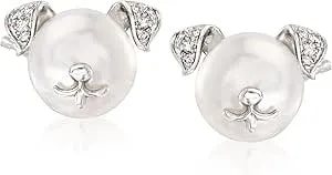 Ross-Simons 8-8.5mm Cultured Pearl Dog Earrings With Diamond Accents In Sterling Silver
