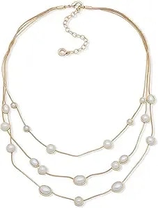 Anne Klein 16" Gold And Pearl Necklace Featuring Multi Row Frontal Drop, Pearl Accents, 3" Extender, And Lobster Clasp Closure