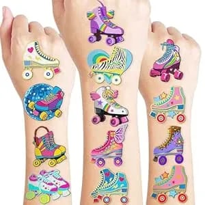 96 Pcs Roller Skate Skating Pre-Cut Temporary Tattoos Themed Birthday Party Favors Decorations Supplies Decor Retro 80s 90s Disco Skateboard Tattoo Stickers Gifts For Boys Girls Class (Normal)
