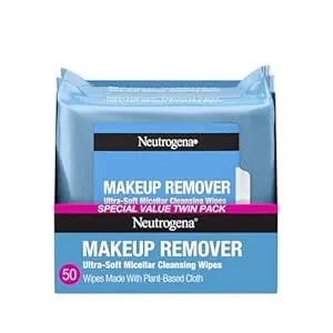Neutrogena Makeup Remover Wipes Micellar Alcohol-Free Face Towelettes Remove Waterproof Mascara & Oil, Compostable 100% Plant-Based Cloth, Dermatologist & Ophthalmologist Tested, Twin Pack 2 X 25 Ct