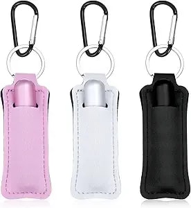 Nogeqi 3 Pcs Lipstick Holder Keychain For Lipstick Lip Balm Keychain Holder With Clip Clip-On Sleeve Pouch Lip Stick Balm Safeguard (Pink White Black)