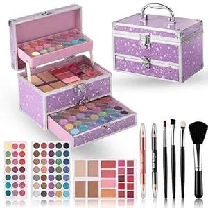 Hot Sugar Makeup Kit For Teens With Train Case, Portable Beginner Makeup Gift Set, Makeup Beauty Kit For Girls (Purple)