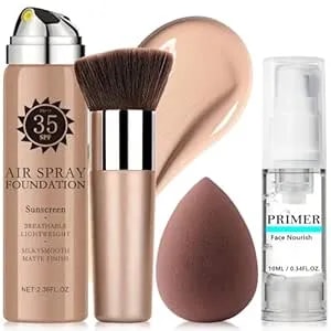 Airbrush Foundation Spray With Primer And Brush, Silky Mist Foundation Spray Makeup, Full Coverage Foundation For Smooth Radiant Finish, Formula Breathable Lightweight Hydrating (#1 Sunscreen Natural)