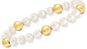 Ross-Simons 7-7.5mm Cultured Pearl And 8mm 14kt Yellow Gold Bead Stretch Bracelet