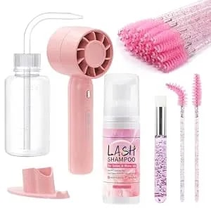 Pretty Memory Lash Shampoo Kit 2 Fl Oz, Oil-Free Cleanser For Natural, Extensions & Cluster Lashes, Eyelash Bath Cleaning Kit With Soft Brushes, Rinse Bottle & Rechargeable Fan For Salon & Diy Use