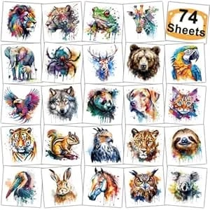 Charlent Watercolor Safari Animals Temporary Tattoos For Kids Party Supplies - 74 Individually Sheets Animals Tattoos For Boys Girls Birthday Party Favors