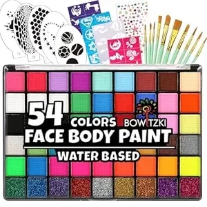 Bowitzki Face Paint Kit With 54 Colors, 8 Sheets Stencils, 2 Glitters,10 Brushes, 1 Sheet Gems, Water Based Face Painting Kit, Safe Professional Halloween Party Makeup Set