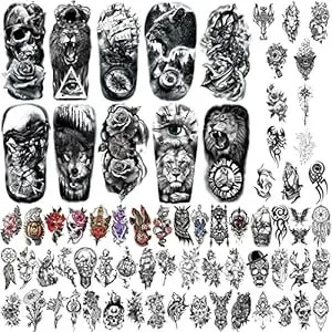 Yazhiji 70sheets Waterproof Temporary Tattoo For Girls Or Boys Kids 10sheets Larger Half Arm Wolf Tiger Lion Fake Tattoos For Men Or Women And 60 Sheets Tiny Flower Snake Bird Crown Tattoo Sticker