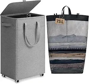 Goodpick 75l Rolling Laundry Basket With Wheels And Lid, Grey - 16.5" × 12.5" × 27.5" Collapsible Laundry Hamper For Clothes & Blankets, Fits Bathroom & Dorm, Removable Wash Bag