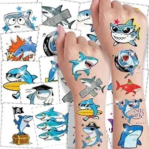 108 Pcs Glitter Shark Temporary Tattoos – Pre-Cut Waterproof Summer Party Tattoos For Kids, Boys & Girls - Hawaiian, Beach & Pool Party Favors, Ocean Animals Birthday Gifts & Goody Bag Fillers