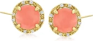 Ross-Simons Coral And Diamond-Accented Stud Earrings In 14kt Yellow Gold