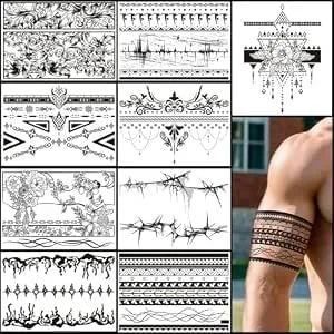 Totem Temporary Tattoosfor Women Men, Realistic Large Black 9 Sheets Adult Art Design Temporary Tattoos Waterproof, Half Arm/Diy Spine Free Combination Fake Tattoos