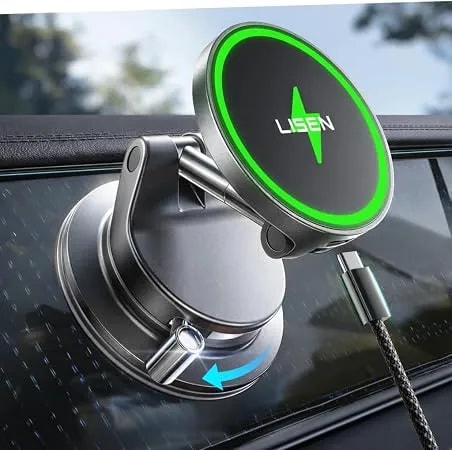 Lisen 15w Magsafe Car Mount Charger, Magnetic Wireless Car Phone Holder - [Easiest Mount] 96lbs Vacuum Suction Car Mount, 360° Magnetic Phone Holders For Your Car, For Iphone 17-12, Pixel 10, Samsung