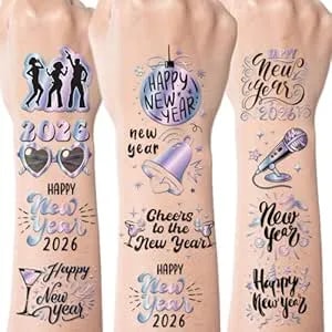 2026 New Years Temporary Tattoos, 8 Sheets 200+ Happy New Years Eve Party Supplies, 70s 80s Disco Ball Nye Tattoos Stickers For Adults 2026 Nye Prom Party Glitter Favors Decorations