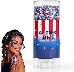 4th Of July Glitter Stick, Patriotic Red White And Blue Face Hair Body Glitter Stick, 4th Of July Outfits For Women Men, Sparkling Glitter Makeup Accessory For Independence Day (E,1pcs)