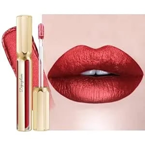 Depuplum Dark Red Lipsticks For Women Metallic Lipstick Long Lasting Non Stick Cup Lip Gloss, Metal Shine Lightweight Hydrating Full Coverage Lip Color, dp104 Impassion