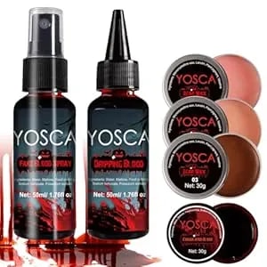 Yosca 6pcs Halloween Fake Blood Makeup Kit, Realistic Washable Fake Blood Spray, Dripping, Coagulated, Scar Wax For Halloween Face Red Body Paint, Clown Vampire Monster Zombie Scar Makeup Kit