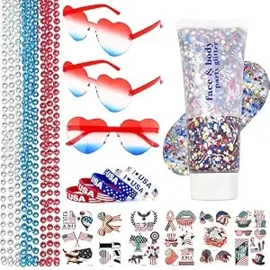 4th Of July Accessories Set, 25pcs Patriotic Outfit Kit With Star Glasses, Beaded Necklaces, Bracelets, Red White Blue Face Glitter Gel, Temporary Tattoos For Independence Day Party