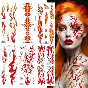 6 Sheets Flame Temporary Tattoo Stickers Realistic Waterproof Face Body Arm Makeup Decoration For Women Men Halloween Party Arm Collarbone Leg Diy Art Props (Red Orange)