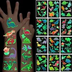 Luminous Temporary Tattoos, 102pcs Dinosaur Cartoon Glow In The Dark Tattoos, Waterproof Fake Tattoos Body Face Stickers Designs Decorations, Birthday Party Favor Supplies Gifts